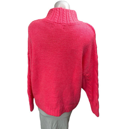Anthropologie Pink Wool Chunky Cable Knit Mock Neck Long Sleeve Sweater Top Sz L