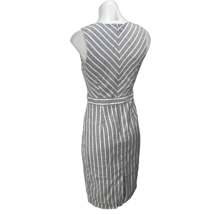 Banana Republic Gray White Striped Sleeveless V Neck Midi Sheath Dress Size 0