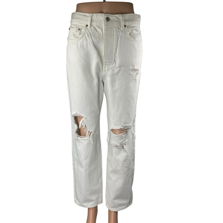 Zara The Bliss Women's White Distressed High Waist Straight Denim Jeans Pants 6