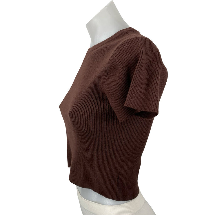 Nuuds Womens Brown Short Sleeve Crew Neck Ribbed Knit Sculpt Tee Crop Top Size S