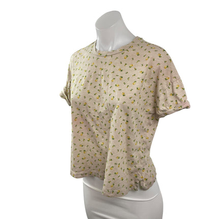 Loft Women's Beige Floral Crew Neck Short Sleeve Crop Basic Tee T-Shirt Top Sz M