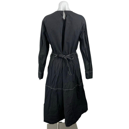 Zara Black Long Sleeve Round Neck Belted Tiered Cotton A Line Midi Dress Sz XXL