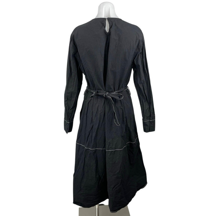 Zara Black Long Sleeve Round Neck Belted Tiered Cotton A Line Midi Dress Sz XXL