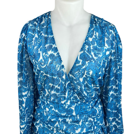 In The Style Blue Paisley Long Sleeve Ruffle Tiered Mini Fit & Flare Dress Sz 20