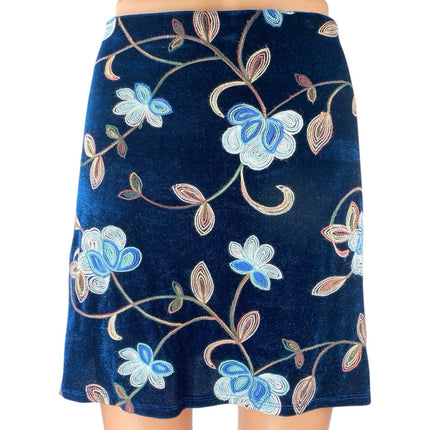 Mi Ami Women's Blue Floral Velvet Velour High Waist Zipper Mini A-Line Skirt M