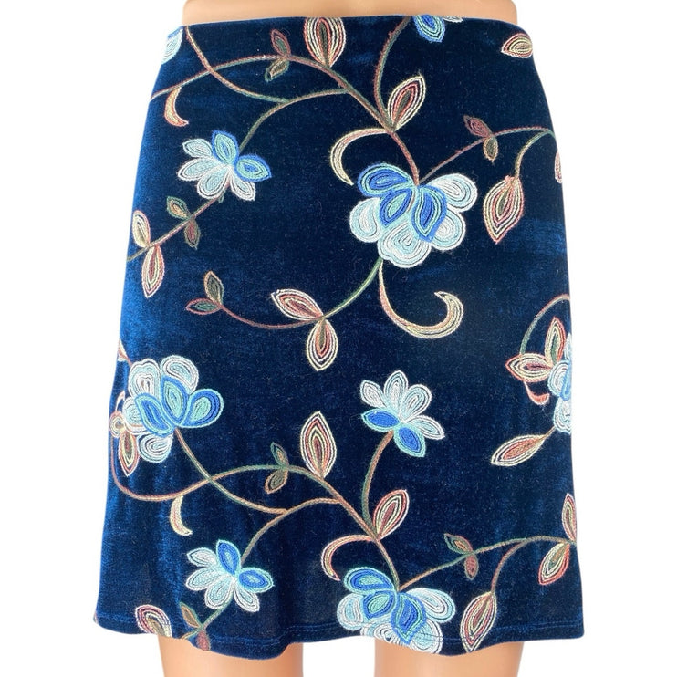 Mi Ami Women's Blue Floral Velvet Velour High Waist Zipper Mini A-Line Skirt M