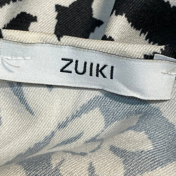 Zuiki Black White Tapestry Print 3/4 Sleeve V Neck Faux Wrap A Line Midi Dress S