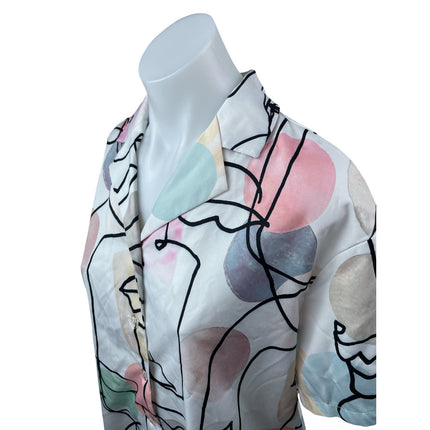 Womens Multicolor Abstract Print Collared Short Sleeve Button Down Shirt Top S/M