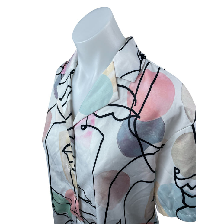 Womens Multicolor Abstract Print Collared Short Sleeve Button Down Shirt Top S/M