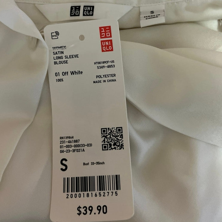 Uniqlo Glossy Satin Silky Collared White Long Sleeve Button Front Blouse Top S