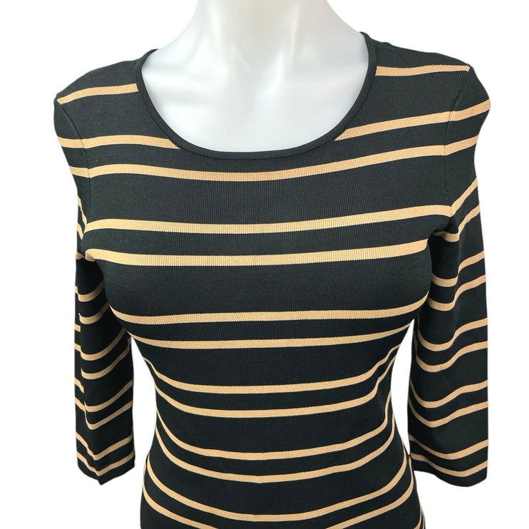 Pink Tartan Black Striped Knit 3/4 Sleeve Crewneck Zip Up Mini Bodycon Dress S