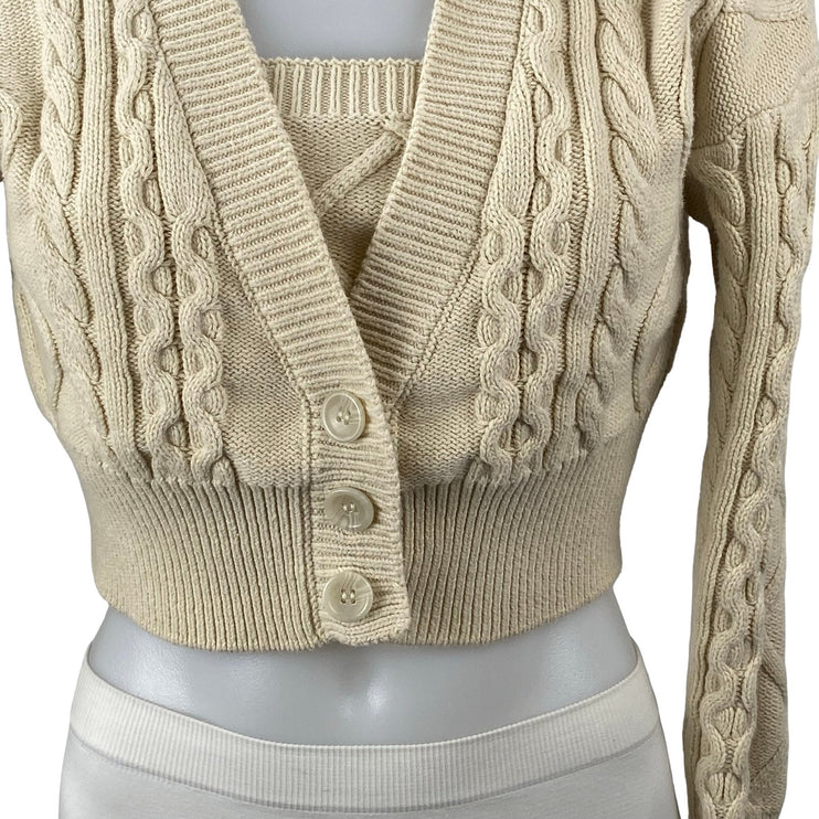 Forever 21 Womens Beige Cable Knit Tube Bralette Long Sleeve Crop Cardigan Set S