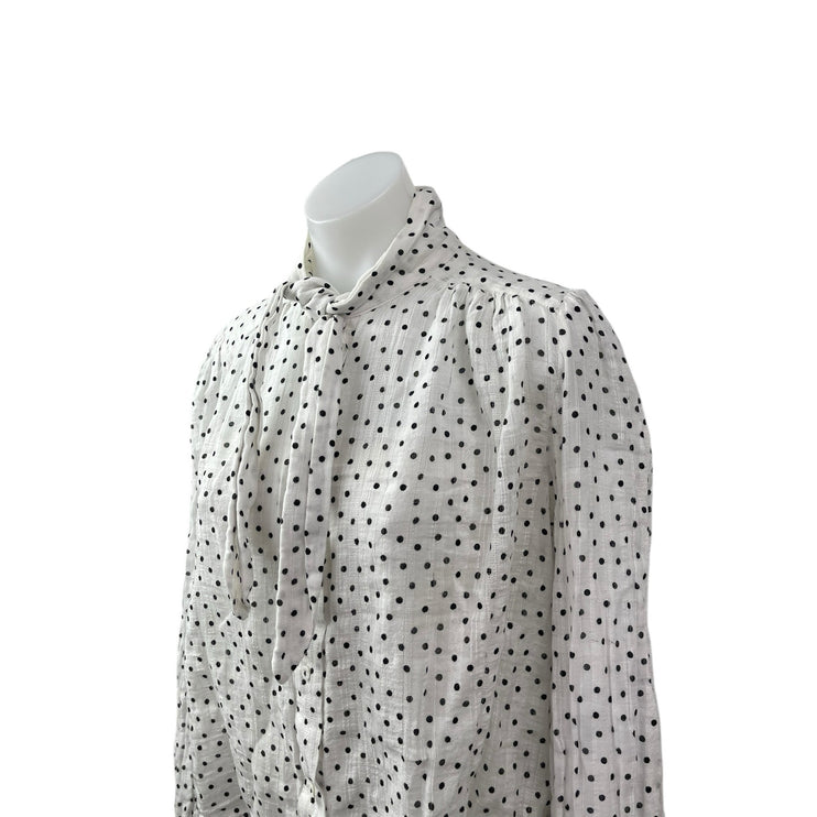 Zara Women's White Polka Dots Balloon Long Sleeve Tie High Neck Blouse Top Sz L