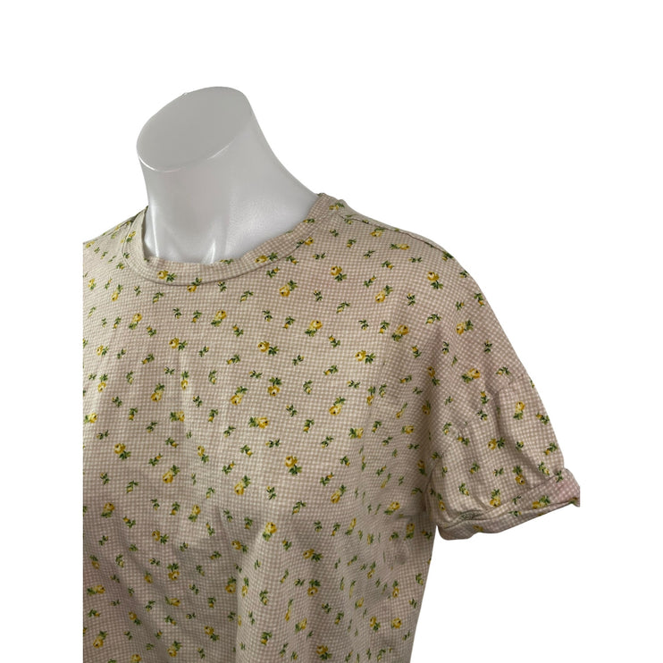 Loft Women's Beige Floral Crew Neck Short Sleeve Crop Basic Tee T-Shirt Top Sz M