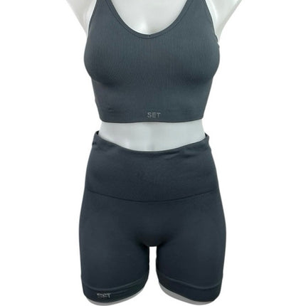 Set Active Blue Gray Ribbed Knit Yoga Sports Bra Biker Shorts Athletic Set Sz S