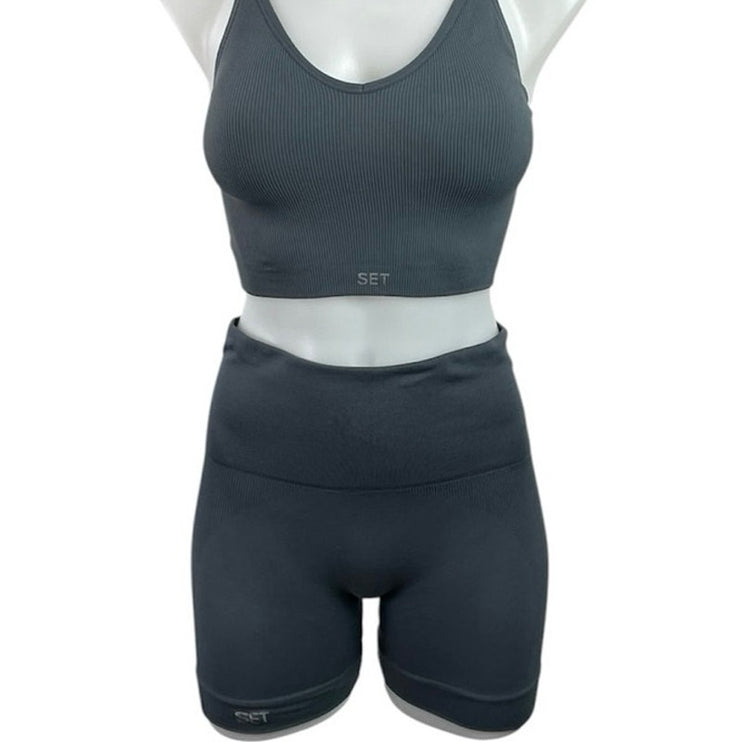 Set Active Blue Gray Ribbed Knit Yoga Sports Bra Biker Shorts Athletic Set Sz S