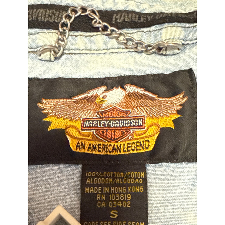 Harley Davidson Women's Upcycled Short Sleeve Graphic Print Denim Jean Shirt Top