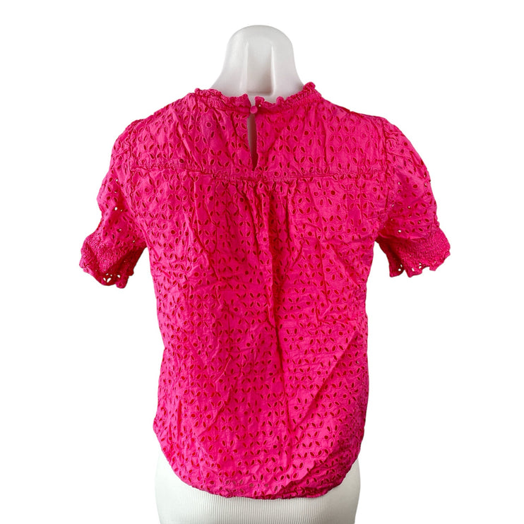 J,Crew Women's Pink Embroidered Eyelet Short Puff Sleeve Mock Neck Blouse Top S