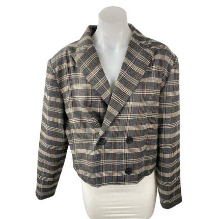 Oak + Fort Gray Plaid Check Notched Collar Long Sleeve Crop Blazer Coat Jacket M