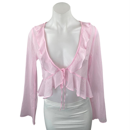 NEW Edikted Pink Ruffle Tie Front Long Sleeve Sheer Peplum Crop Coverup Top Sz S