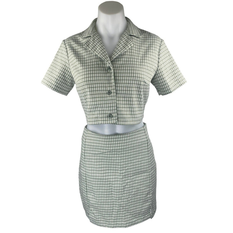 Brandy Melville Green Plaid Button Up Short Sleeve Crop Top Mini Skirt Set Sz S