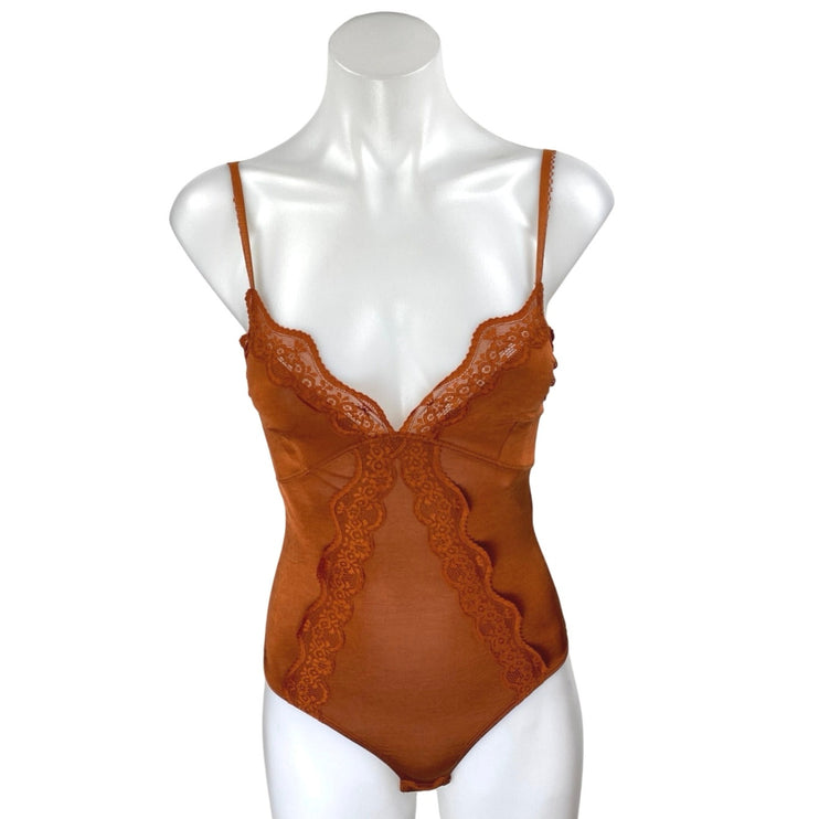 Zara Brown Sleeveless Floral Lace Cami Camisole Tank V Neck Bodysuit Top Size S