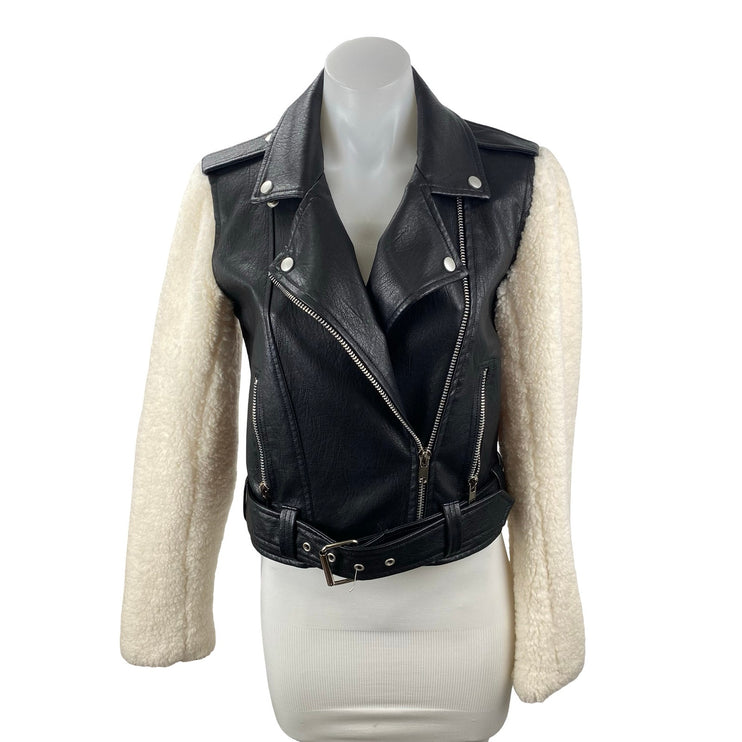 BuddyLove Women's Faux Vegan Leather Sherpa Long Sleeve Moto Biker Coat Jacket S