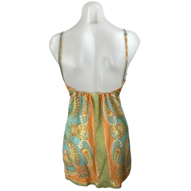 Farm Rio Coral Green Floral Paisley Tie Sleeveless Cami Backless Mini Dress M