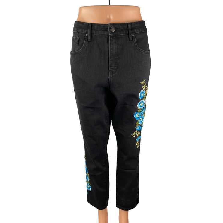 Martha Stewart Black High Rise Floral Embroidered Straight Denim Jeans Pants 14