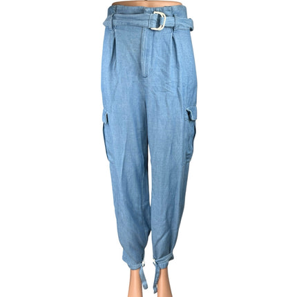 Zara Blue Linen Chambray Belted Tapered High Waist Cargo Trousers Jogger Pants M