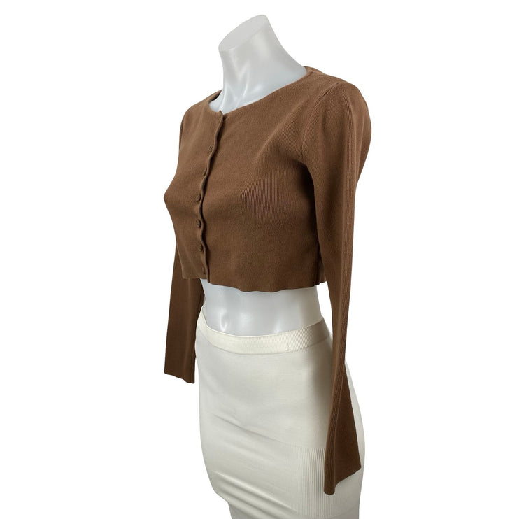 Brandy Melville Women's Brown Ribbed Knit Button Up Crop Cardigan Sweater Size S