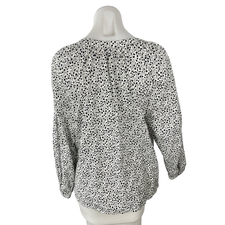 Ann Taylor Loft Black White Floral Tie Neck Long Sleeve Peasant Blouse Top Sz L