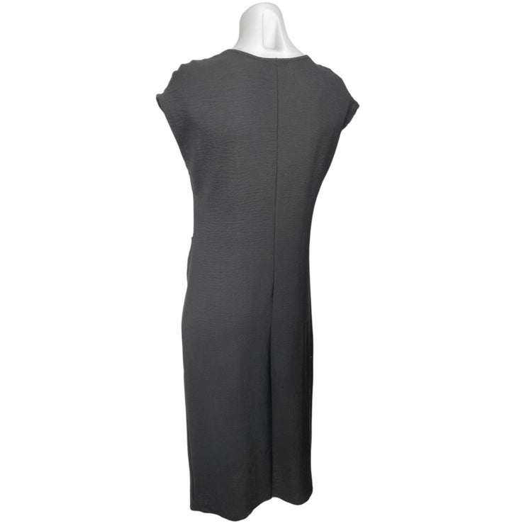Zara Black Short Cap Sleeve Pocket Deep V Neck Tie Front Wrap Midi Dress Size M