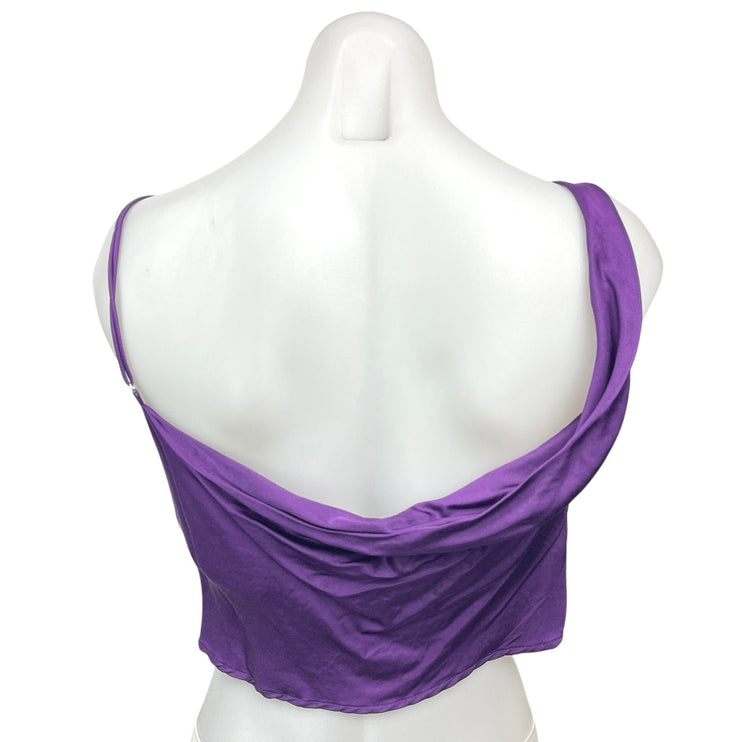 Zara Purple Silk Satin Cowl Neck Drapey Sleeveless Cami Blouse Crop Top Size S