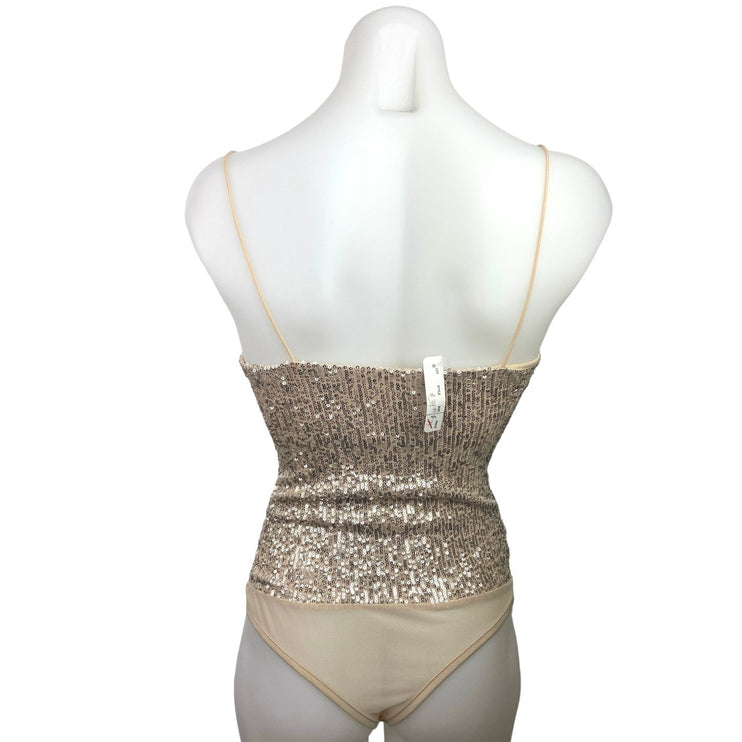 Chocolate NWT Tan Cowl Neck Sequined Embellished Spaghetti Strap Bodysuit Size M