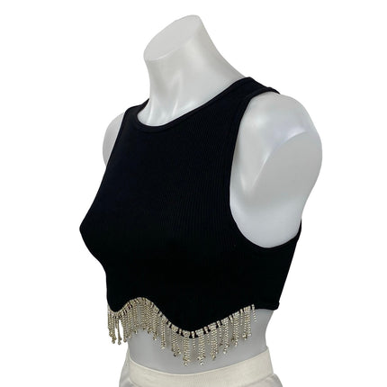 Zara Black Rhinestone Fringe Ribbed Knit Sculpt Sleeveless Tank Crop Top Size XS