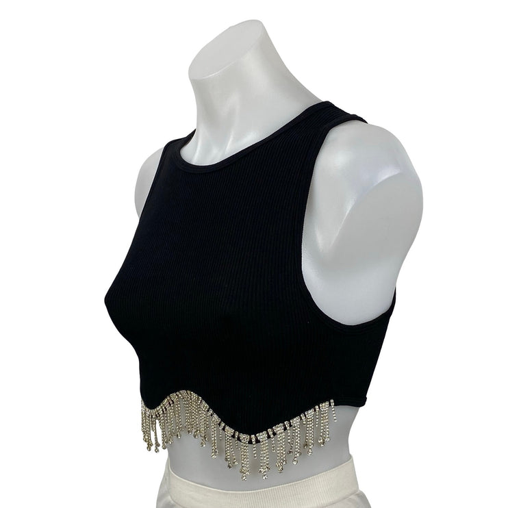 Zara Black Rhinestone Fringe Ribbed Knit Sculpt Sleeveless Tank Crop Top Size XS