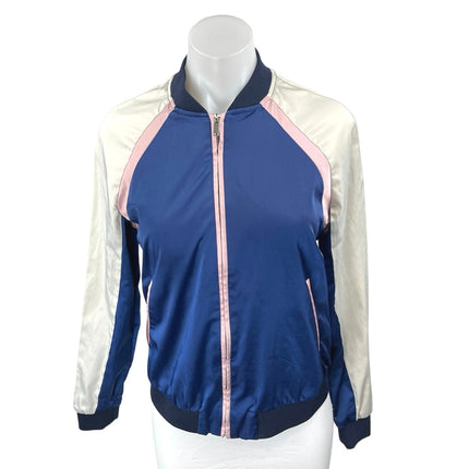 Zara Women's Blue White Long Sleeve Full Zip Windbreaker Bomber Coat Jacket S