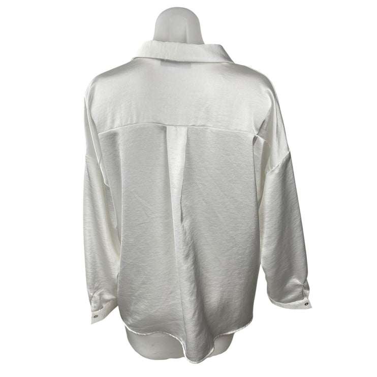 Zara Women's White Silky Satin Collared Long Sleeve Button Down Shirt Top Size M
