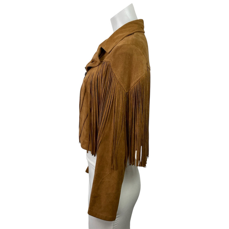 Flying Tomato Women's Tan Faux Suede Fringe Western Cropped Moto Jacket Size S