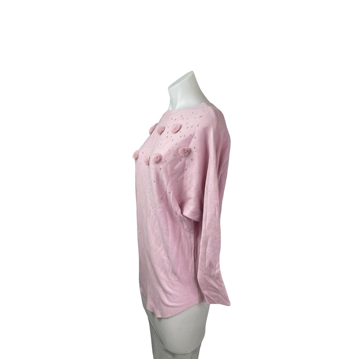 Emily Stacy Women's Pink Pompom Rhinestone Long Sleeve Sweatshirt Sweater Top M