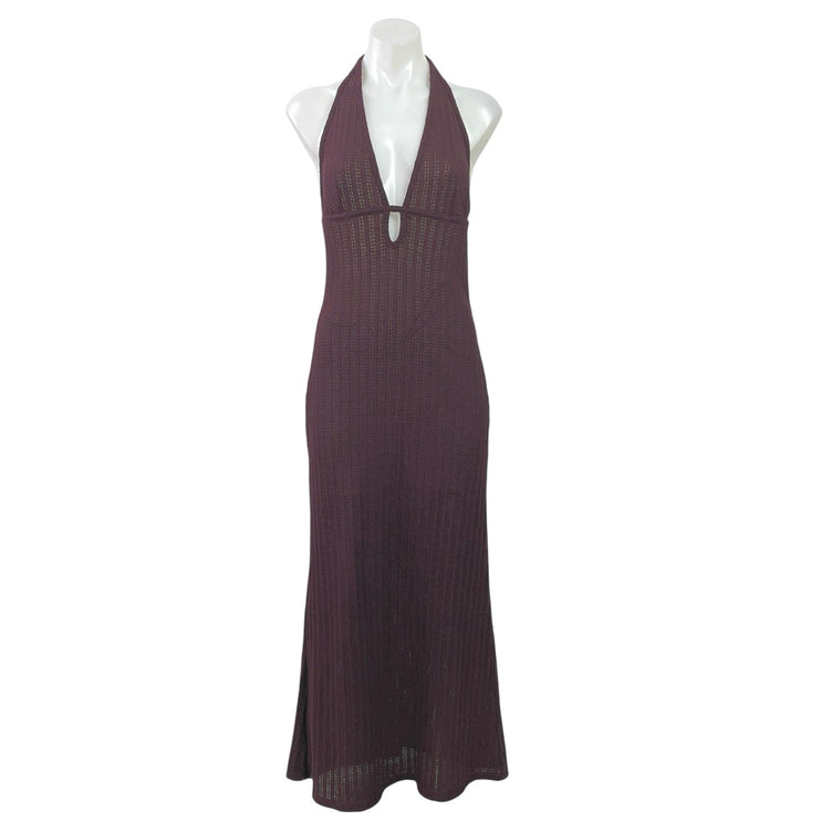 NEW H&M Purple Halter Plunge V Neck Sleeveless Crochet Open Back Maxi Dress S