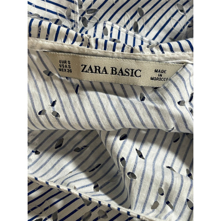 Zara Womens White Blue Striped Embroidered Eyelet Short Sleeve Blouse Top Size S