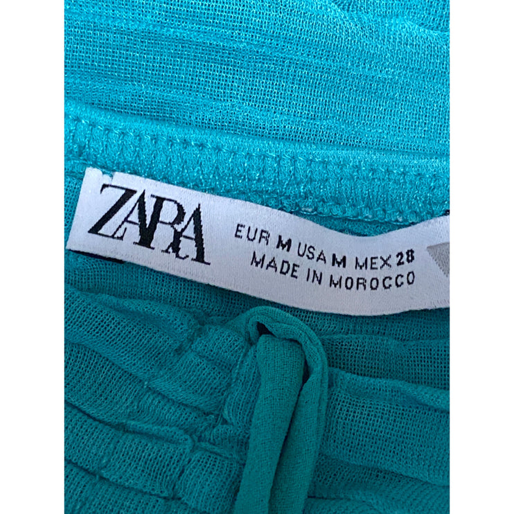 Zara Women's Green Teal Long Sleeve Pleated Tie Ruched Blouse Crop Top Size M
