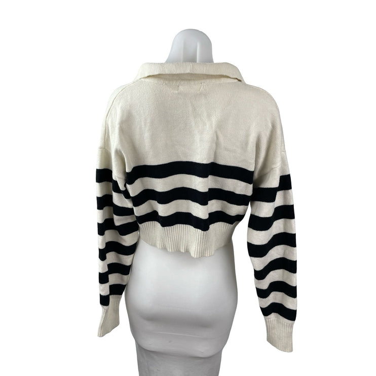 Isalis Women's Ivory Black Striped Long Sleeve Polo Cropped Sweater Top Size S