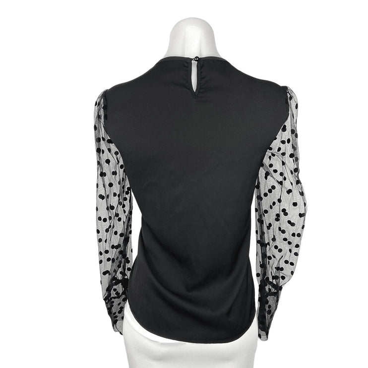 Shein Black Crew Neck Polka Dot Mixed Mesh Puff Long Sleeve Blouse Top Size 6