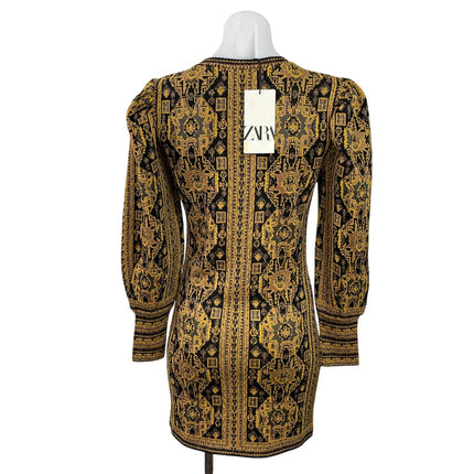 NEW Zara Gold Metallic Jacquard Long Balloon Sleeve Mini Sweater Dress Size S