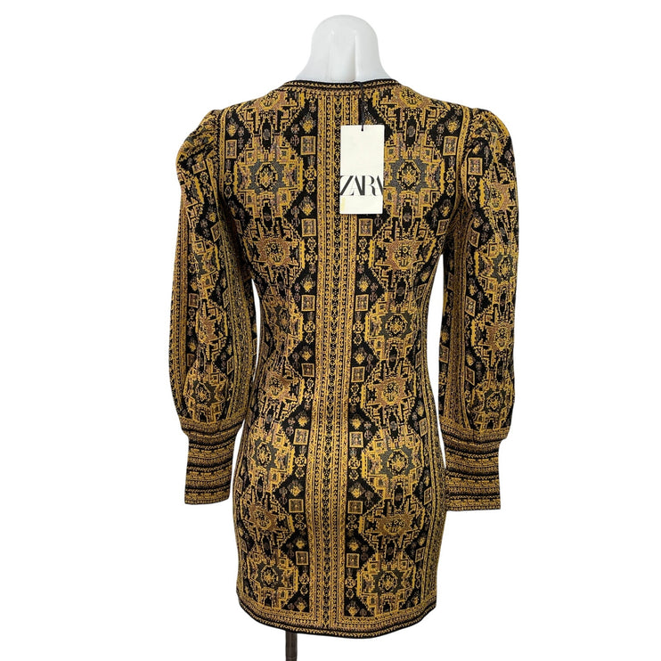 NEW Zara Gold Metallic Jacquard Long Balloon Sleeve Mini Sweater Dress Size S