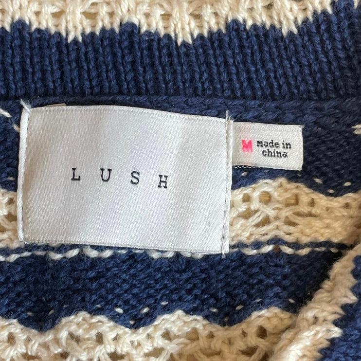 Lush Stripe Crochet Collared Short Sleeve Button Up Shirt Cardigan Sweater Top M