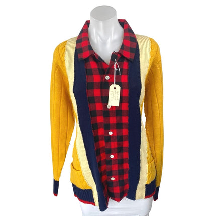 Upcycled Handmade Women's Yellow Red Plaid Flannel Shirt Cardigan Sweater Top OS